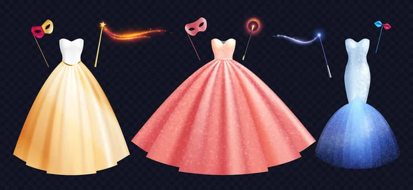 Colored Realistic Bride Wedding Dress Icon Set Three Evening Wedding — 스톡 벡터