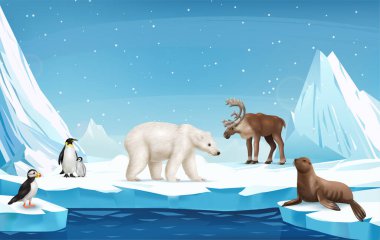 Realistic winter landscape with arctic animals and birds on ice floe with rocks and falling snow in background vector illustration clipart