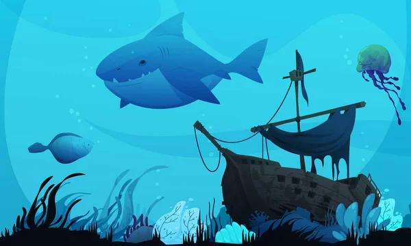 Underwater Cartoon Poster Sunken Ship Shark Vector Illustration — Vector de stock