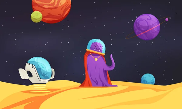 Aliens Cartoon Hintergrund Mit Moster Astronaut Auf Planeten Oberfläche Vektor — Stockvektor