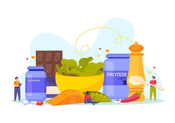 Sport Nutrition Flat Composition Blank Background Small People Chocolate Salad — стоковый вектор