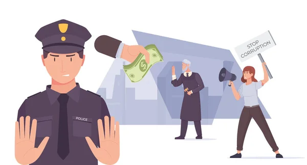 Corrupção Parar Composição Plana Com Personagens Humanos Juiz Policial Protestante —  Vetores de Stock