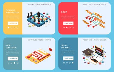 Isometric ticari gamification yatay sancaklar planlama stratejileri hedefler becerileri izole vektör ilüstrasyonunu eğitim