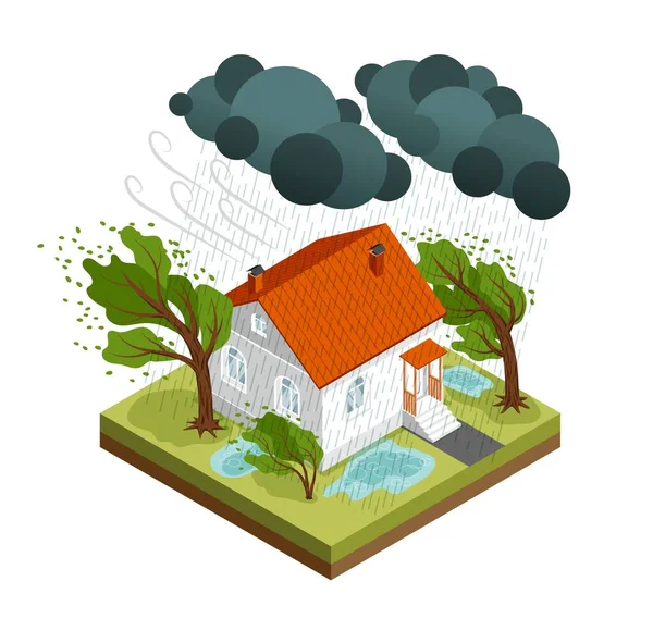 Isometric Isolated Storm Weather Composition Large House Surrounded High Winds — стоковый вектор