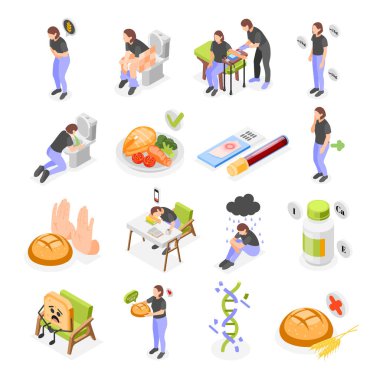 Gluten intolerance isometric set of isolated icons with pictograms human characters food products and blood test vector illustration