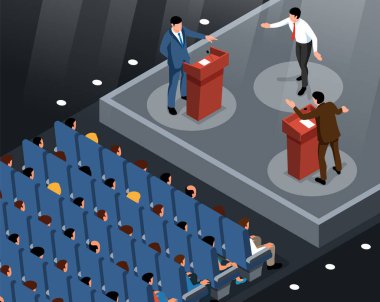 Isometric political debate concept with politicians speaking in front of audience vector illustration