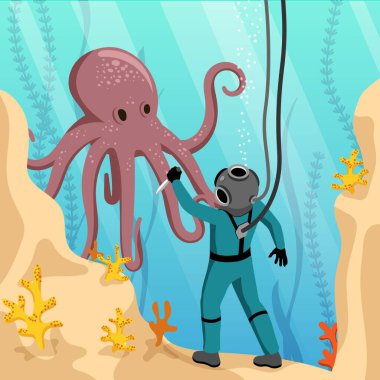 Dipping isometric cartoon background with scuba diver in diving suit meeting octopus on seabed vector illustration