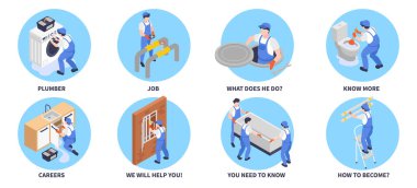 Plumber round set with career and help symbols isometric isolated vector illustration