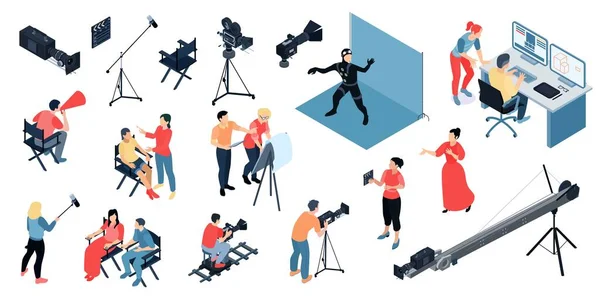 Isometric Cinema Production Cinematography Set Isolated Icons Shooting Equipment People — 图库矢量图片