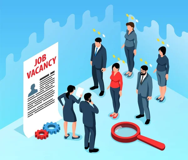Job Vacancy Isometric Background Applicants Employers Looking Resume Sheet Vector — Vetor de Stock