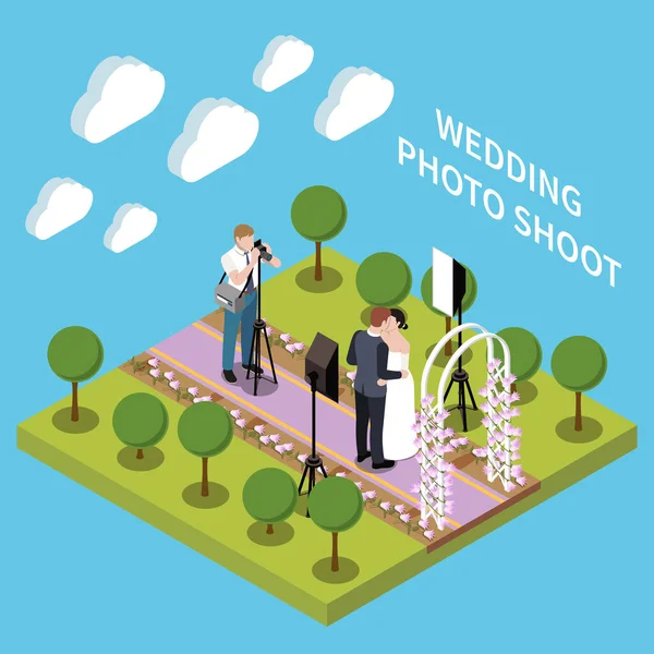 Hochzeitszeremonie Heirat Isometrische Komposition Mit Text Und Blick Auf Fotograf — Stockvektor