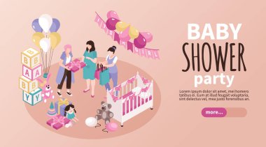 Baby shower horizontal banner with congratulation symbols isometric vector illustration clipart