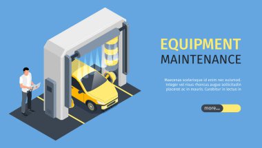 Düzenlenebilir metin kaydıracı ile Isometric otomatik oto yıkama yatay afişi daha fazla düğme ve araba duş vektörü illüstrasyon altında