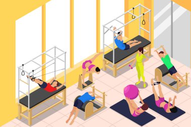 Spor aletleri ve insan vektör illüstrasyonunun pratik karakterleri ile iç mekan görünümlü pilates izometrik kompozisyonu