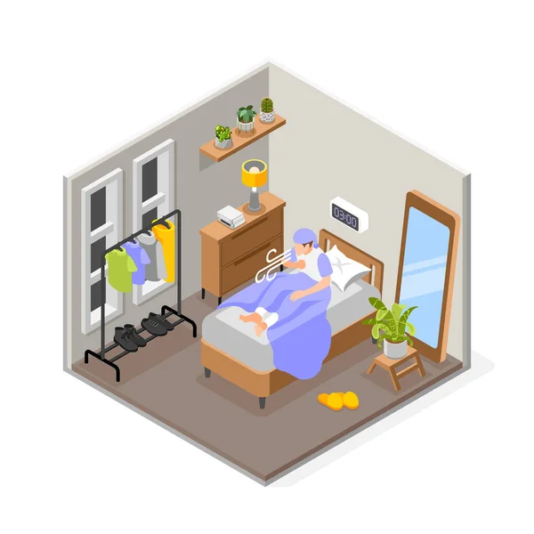 Asthma Symptoms Treatment Isometric Composition Isolated View Bedroom Interior Coughing — Stockvektor