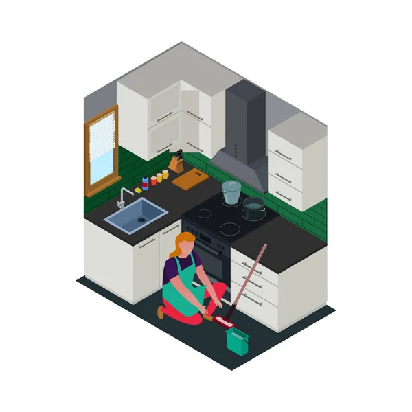 Isometric Cleaning Service Housemaid Composition View Cleanup Routines Blank Background —  Vetores de Stock