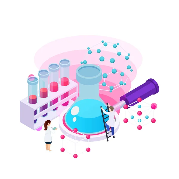 Nanotechnology Isometric Composition Icons Atoms Lab Equipment Human Characters Scientists — Vetor de Stock