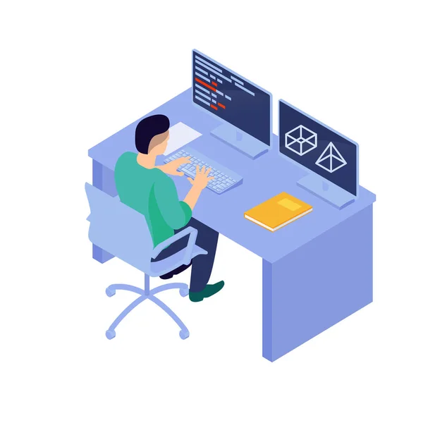 Isometric Programmers Composition Human Character Coding Person Computer Pictograms Vector — Vector de stock
