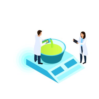 Kavramsal izometrik ikon insanları ve laboratuvar ekipmanları vektör ilüstrasyonuyla aşı geliştirme bileşimi