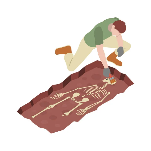 Arqueología Composición Isométrica Con Carácter Humano Del Arqueólogo Trabajo Ilustración — Archivo Imágenes Vectoriales