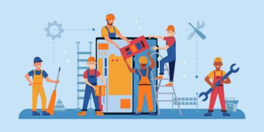 Mavi arkaplan çizimi üzerinde akıllı telefonu söken mühendislerle birlikte telefon onarım servisi düz bileşimi