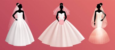 Gelin gelinliği gerçekçi renkli ikon pembe arkaplan çiziminde mankenlere giyilen üç farklı elbise biçimi