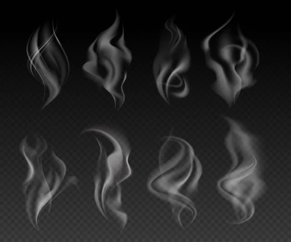 Λεπτό Γκρι Τσιγάρο Ρεαλιστικά Κύματα Καπνού Σκούρο Διαφανές Φόντο Απομονωμένη — Διανυσματικό Αρχείο