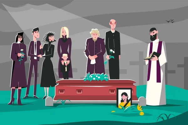 葬儀の死の構成悲しみ家族と司祭は親戚の棺の前に立つベクトルイラスト — ストックベクタ