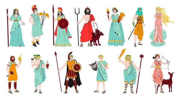 Olympus Divinità Colore Piatto Set Hermes Athena Demeter Dionysius Artemis — Vettoriale Stock