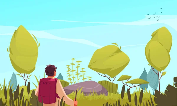 Ecosistema Concetto Cartone Animato Con Esploratore Maschio Guardando Sulla Natura — Vettoriale Stock