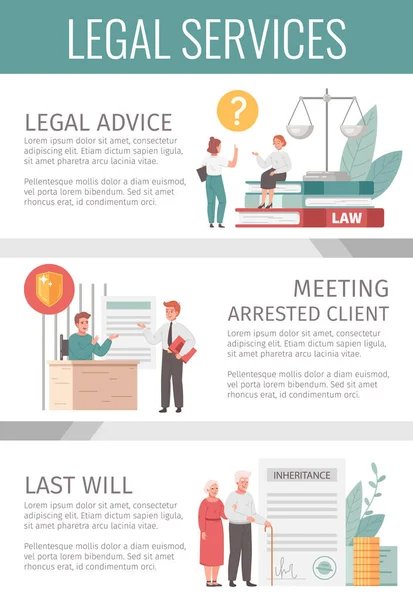 Advokat Tecknad Infografik Med Juridiska Tjänster Symboler Vektor Illustration — Stock vektor