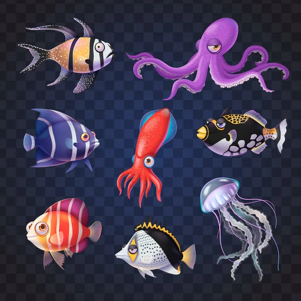 Iconos Dibujos Animados Vida Submarina Con Medusas Pescado Pulpo Sobre — Archivo Imágenes Vectoriales