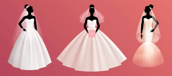 花嫁のウェディングドレス現実的な色のアイコンセットピンクの背景ベクトルイラストのマネキンに身に着けている3つのドレスの異なるスタイル — ストックベクタ