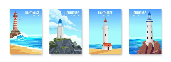 有四个孤立的垂直背景 海滨和悬崖景观的灯塔招贴画 附有塔楼矢量图解 — 图库矢量图片
