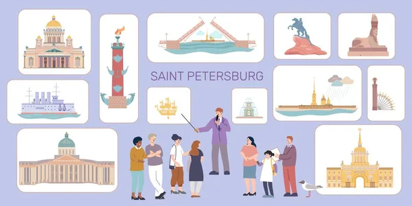 Petrohrad Ploché Infografické Složení Skupinou Turistů Průvodce Ikony Slavných Památek — Stockový vektor