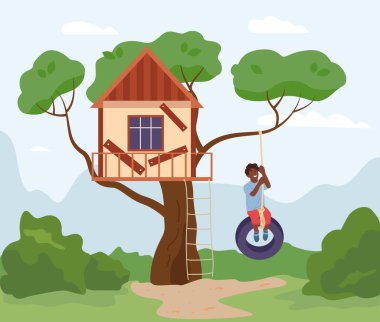 Tekerlek üzerinde sallanan mutlu çocuk ağaç evin yanında düz vektör çizimi yapıyor.