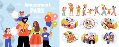 Aile üyelerinin çizgi film stili karakterlerinin yer aldığı lunapark düz kompozisyonu vektör illüstrasyonuna binerken iyi vakit geçiriyor