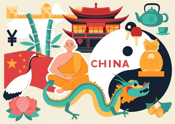 中国象征平面构图与植物拼贴佛教僧人古建筑龙 乒乓球的矢量画图 — 图库矢量图片