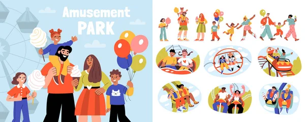 Amusement Park Flat Composition Cartoon Style Characters Family Members Having — Stock Vector