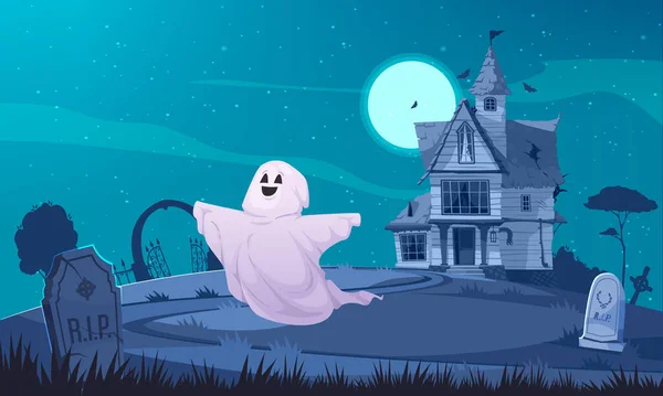 Composição Desenho Animado Fantasma Com Criatura Assustadora Feliz Velha Casa —  Vetores de Stock