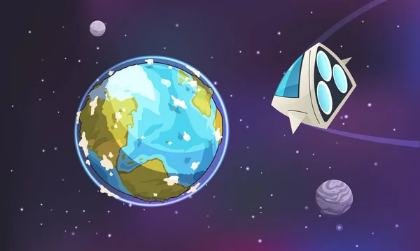 Aliens Desenho Animado Fundo Com Nave Espacial Voando Direção Terra — Vetor de Stock