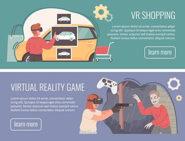 Realidade Virtual Aumentada Banner Horizontal Conjunto Com Jogos Ciberespaço Compras — Vetor de Stock