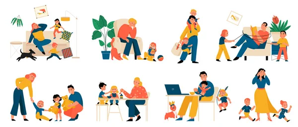 Плоский Стресс Родительский Набор Истощенными Матерями Отцами Время Повседневной Рутины — стоковый вектор