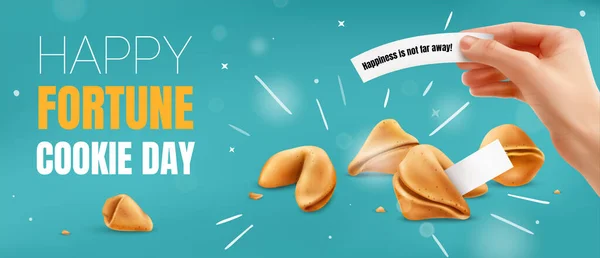 Bannière Réaliste Horizontale Heureuse Fortune Cookie Jour Avec Main Humaine — Image vectorielle