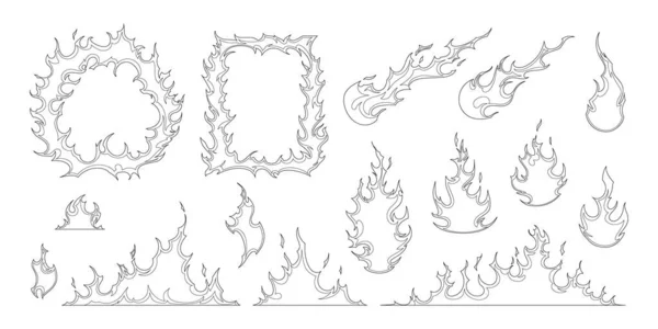 Požární Rámy Ohnivé Koule Plameny Prvky Ručně Kreslené Set Izolované — Stockový vektor