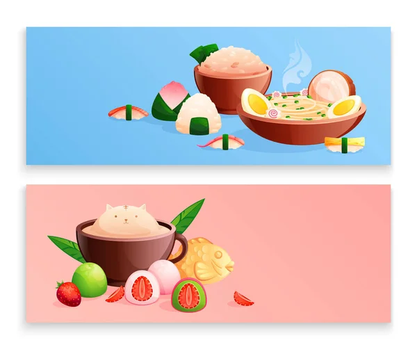 Asian Food Flat Color Background Horizontal Banners Set Cute Desserts — Stock Vector