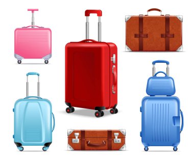 Realistic travel baggage icon set suitcases of different styles sizes and colors vector illustration clipart