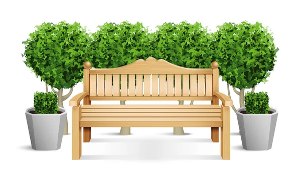 Realistic Colored Park Bench Composition Wooden Bench Carved Back Placed — Stock Vector