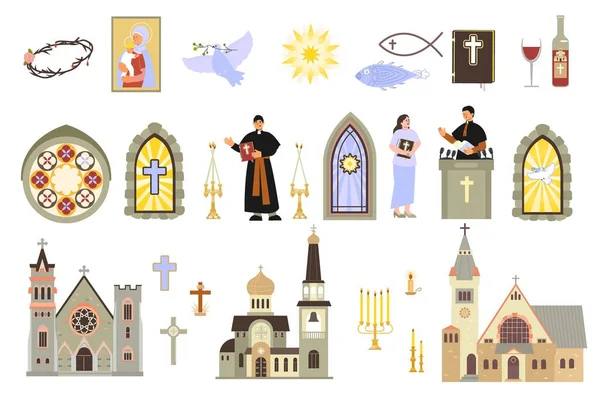 Iglesia Interior Plana Conjunto Con Iconos Aislados Objetos Espirituales Velas — Vector de stock
