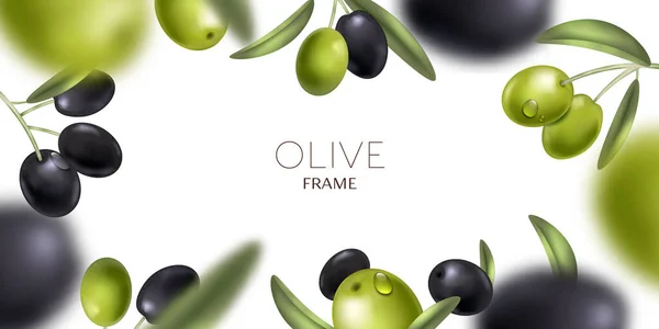 Realistische Olivenkomposition Mit Bildern Fliegender Schwarzer Und Grüner Beeren Verschwommenem — Stockvektor